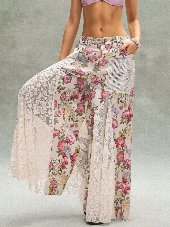 Khaki Boho Women's Casual Ditsy Floral Lace Loose Wide-Leg Low-Waist Pants - Picture 6 of 8